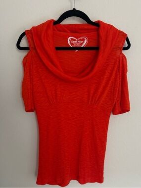 Derek Heart Bright Orange Cold-Shoulder Cowl Neck Tee